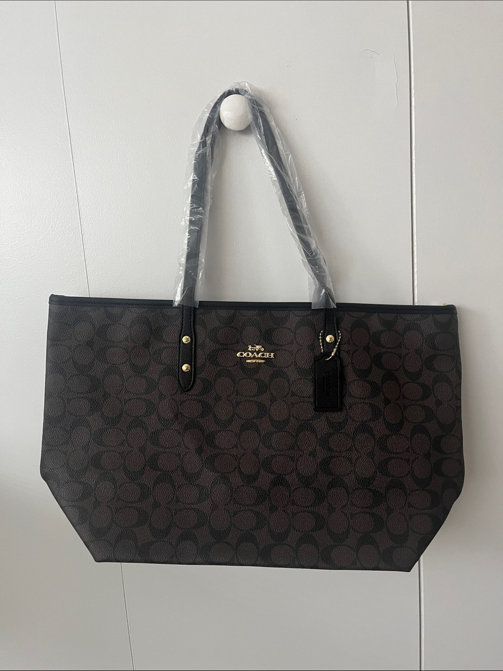 Coach Dark Brown Signature Tote with Black Trim